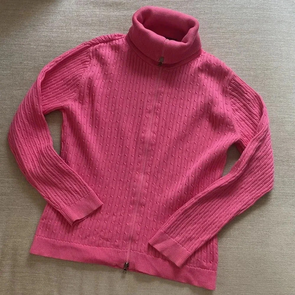 Liz Claiborne Braided Knit Collared Zip Up Sweater Pullover Cardigan Pink Size L - Picture 3 of 16